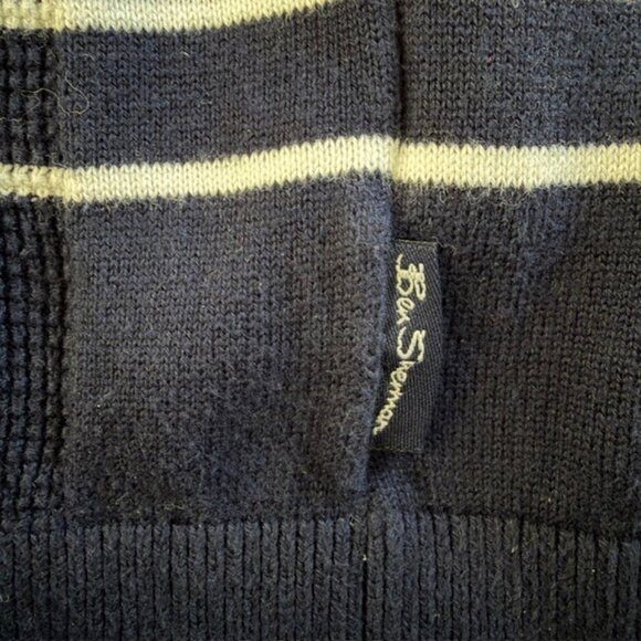 BEN SHERMAN Navy Blue and White Striped Short Sleeve Polo Sweater Small - Picture 10 of 11
